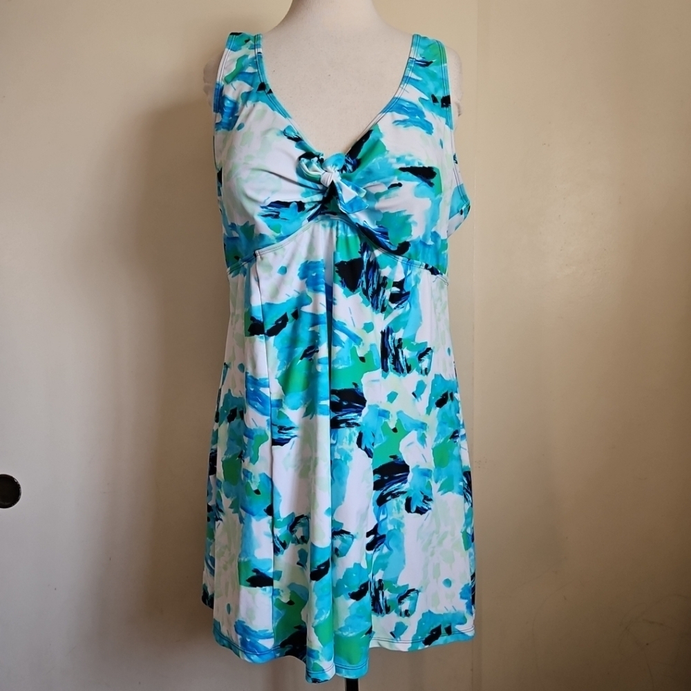 Heat Swimwear Blue Green Tank Swimdress Front Bow Tie Size 24W Swimmin Dress